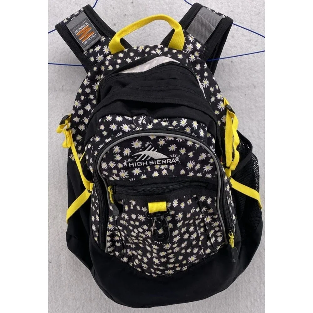 High Sierra Loop Backpack Daisy Floral Print Black Yellow School Travel Daypack